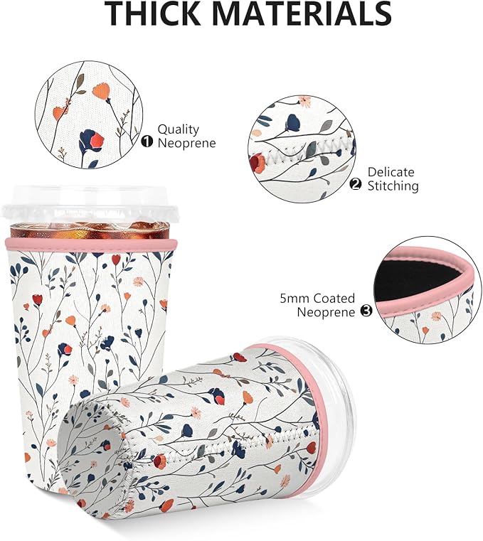 Iced Coffee Sleeve, Reusable Insulated Neoprene Cup Sleeve for Cold & Hot Drinks Beverages, Cup Holder for 22-24oz Coffee Cups,White Flowers