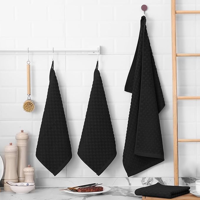 Fintale 100% Cotton Kitchen Towels and Dishcloths Set, 12 x 12 & 15 x 25 Inches, Set of 12 Bulk Super Soft and Absorbent Terry Cloth Dish Towels, Quick Drying Hand Towels with Hanging Loop, Black