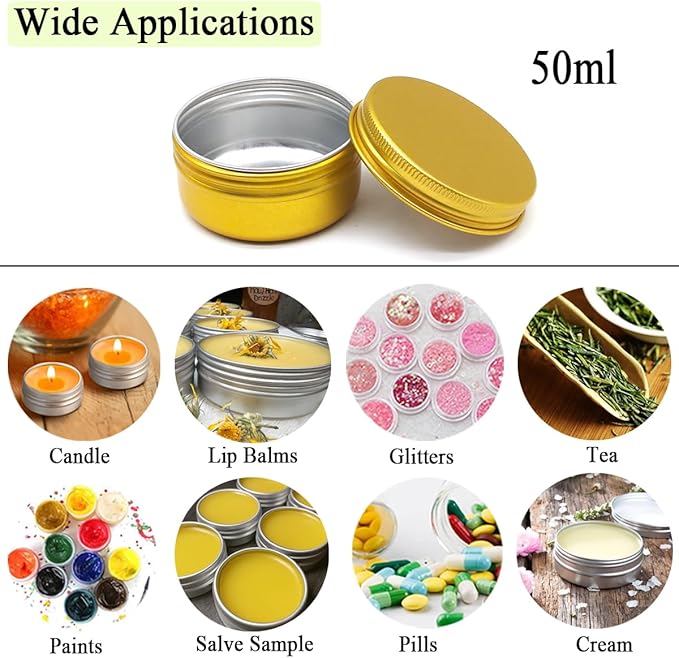10pack 50ml Aluminum Tin, 50 Gram Gold Container Leak Proof Cosmetic Jars, 50g Small Makeup Containers Round Screw Lids for Cosmetic, Salves, Lip Balms, Toner, Cream, Candle, Tea, Beads, Wax