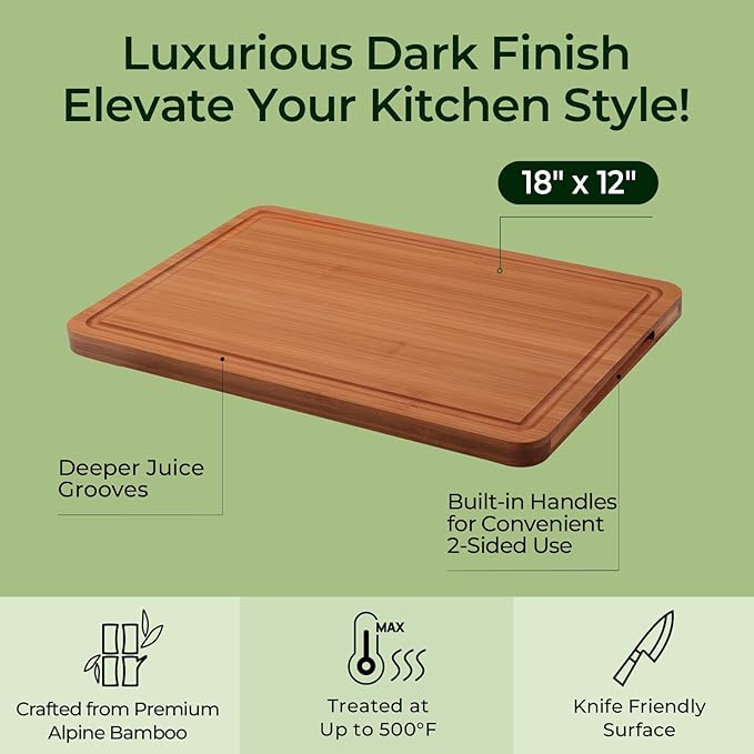Extra Large Bamboo Cutting Board for Kitchen - 18 Inch Wood XL Cutting Boards with Juice Groove and Handles, Wooden Chopping Board for Meat, Cheese, Fruit & Vegetables (Pre Oiled, Brown)