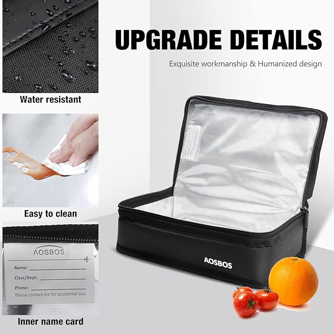 Aosbos Small Insulated Lunch Bag - Compact Lunch Box for Portion Control, Work & Office, Black
