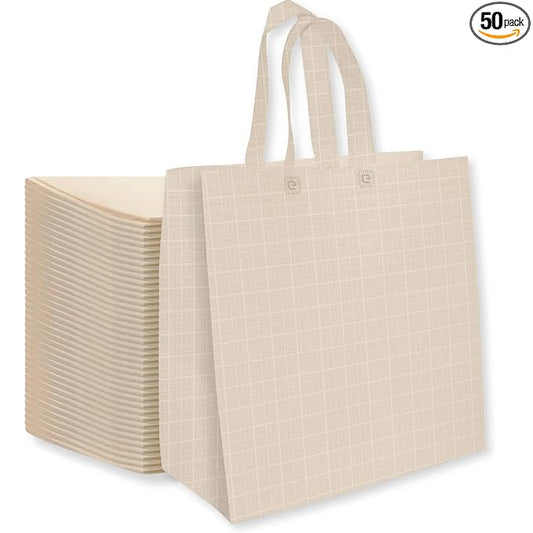 Bagways 50 PACK Reusable Grocery Bags with Handles, Durable, Foldable, Washable Eco-Friendly Shopping Totes, 14x6.5x14 Inch, Beige Pattern