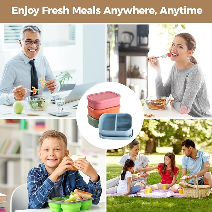 OMISTAR 4 PCS Silicone Bento Box 3 Compartment Reusable Bento, Silicone Lunch Container for Adults Work Travel Food Meal Compartment Storage, Microwave Dishwasher Freezer Safe (A)