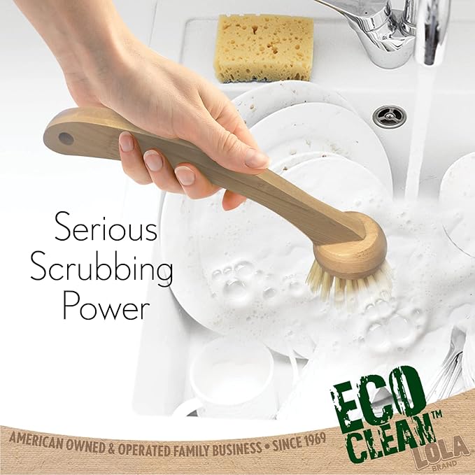 LOLA Eco Clean Bamboo Dish Brush, 6 Pack, Multi Purpose, Sustainable Ergonomic Renewable Bamboo Handle, Fibers are Recycled Soda/Water Bottles