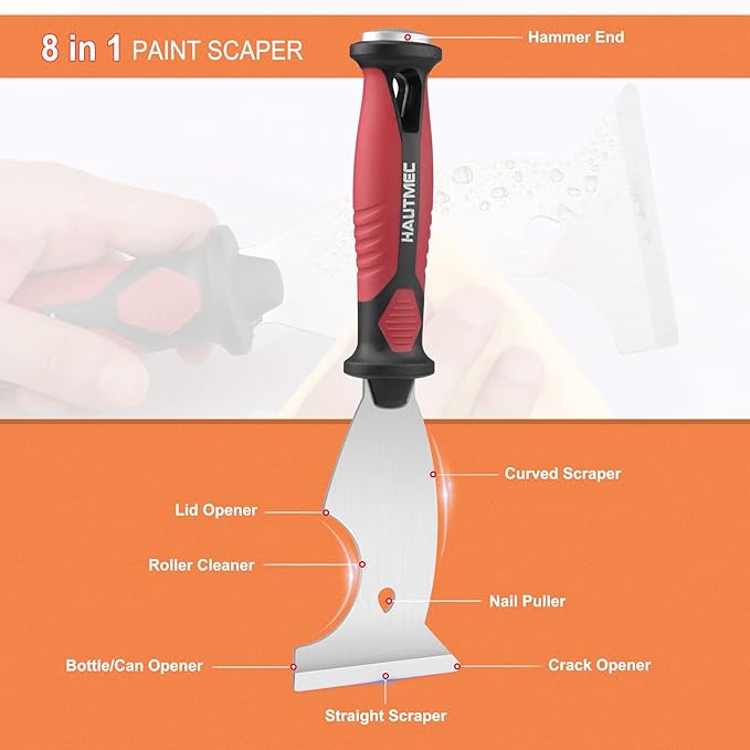 HAUTMEC 4pc Putty Knife Set, Paint Scraper, Flat Heavy Duty Stainless Steel Blade and Hammer End for Removing Wallpaper for Puttying Plaster, Cement