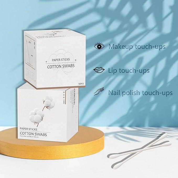 Cotton Swabs with Paper Sticks 1000ct，Double Tipped Natural Cotton Buds