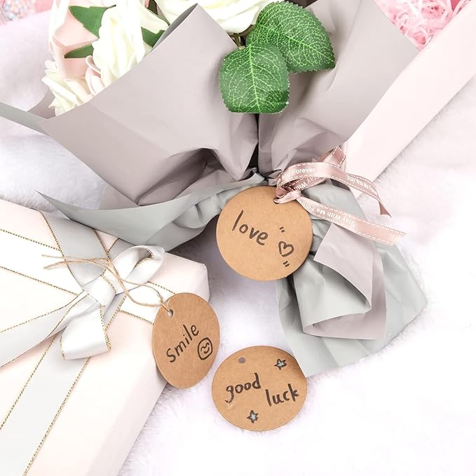 SallyFashion 160PCS Gift Tags with String Attached, Round Brown Gift Tags 2.2x2.2 inch Circle Kraft for Clothing, Gift, Cupcake Party Favors DIY Crafts