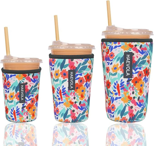 Reusable Insulated Neoprene Iced Coffee Cup Sleeve, Durable Drink Sleeve for Cold Beverages, Beverage Holder for Iced Coffee, Bloom Burst