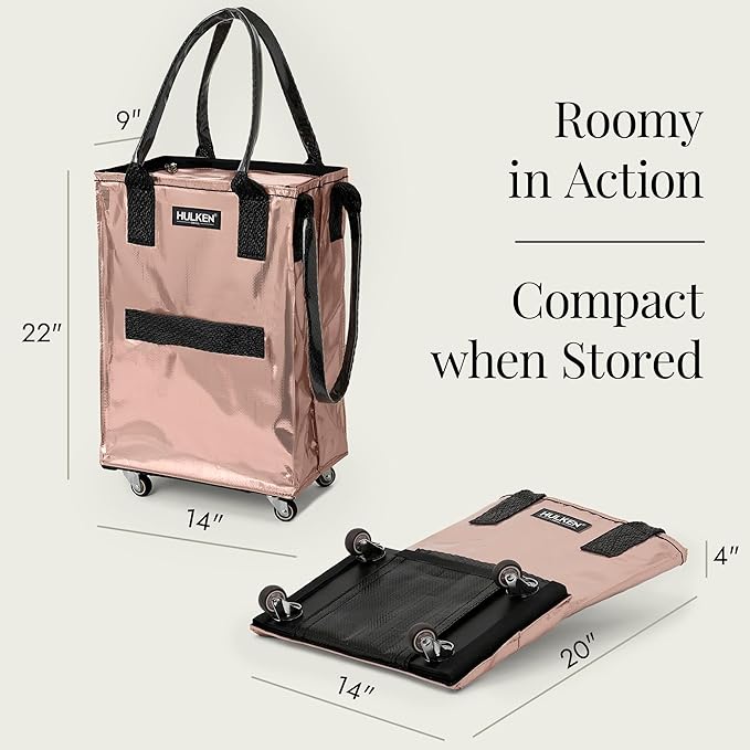 HULKEN (Small, Rose Gold) Reusable Grocery Bag On Wheels, Shopping Trolley, Rolling Tote, Zipper Closure, Lightweight, Carries Up to 66 lb, Folds Flat
