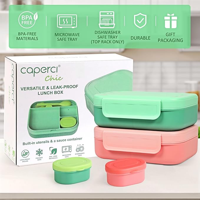 Caperci Bento Lunch Box for Kids - 5.8 Cups Stackable Leakproof Bento Box Adult Lunch Box with Sauce Container - Idea for School, On-the-go, Built-in Utensil Set, BPA Free (Green)
