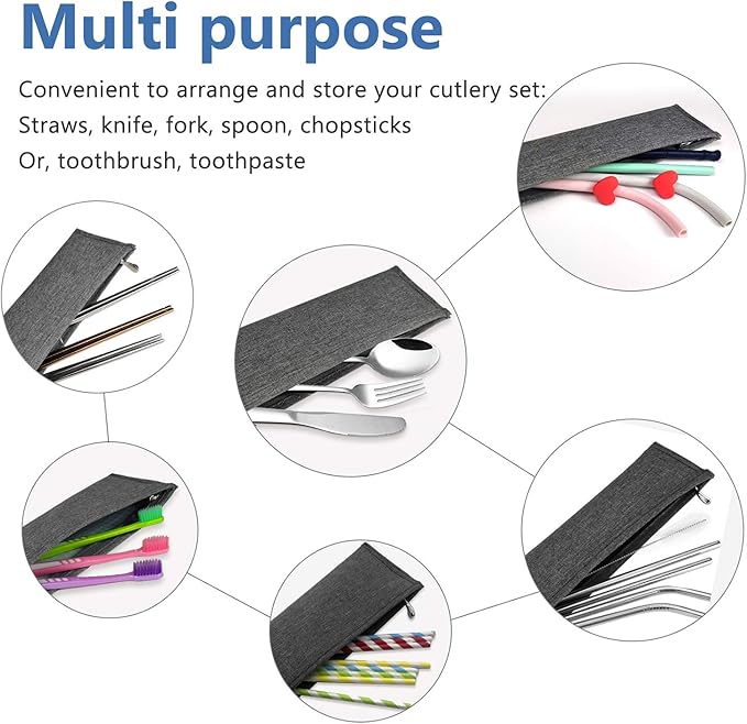Aosbos Reusable Straws Carrying Case (2-PACK, 11.8 IN, Black&Grey) Stainless Steel Straws Pouch Metal Straws Bag Silicone Straws Case Chopsticks Case Travel Utensil Sets Carrying Case Cutlery Pouch