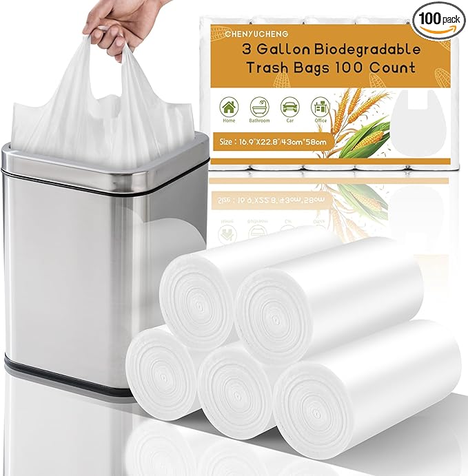 3 Gallon White Trash Bag With-Handles - Small Garbage Bags For Bathroom Can Unscented 100 Count Compostable Biodegradable Mini Tiny Waste Basket Liners For Kitchen Office Car Chenyucheng