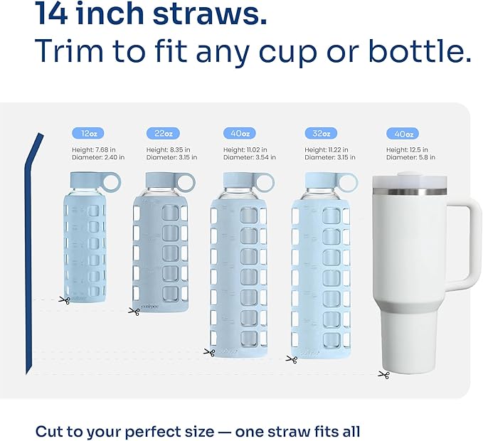 purifyou 14in Platinum Silicone Straws, Extra Long & Slender for Stanley Cups, Tumblers & More, Soft Reusable Straws with Breathable Transport Case, Cleaning Brush, Convenient, Durable (Set of 4)