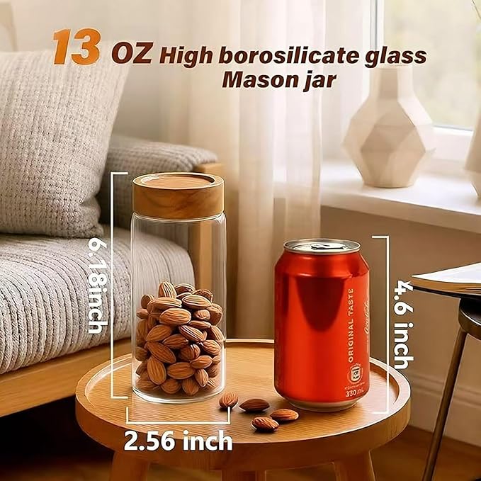 2-Pack 13 oz Glass Mason Jars with Acacia Wood Lids - Sealable, Leakproof, Clear & Stackable Food Storage Containers for Spices, Meal Prep, Flour, Sugar & Snack Storage