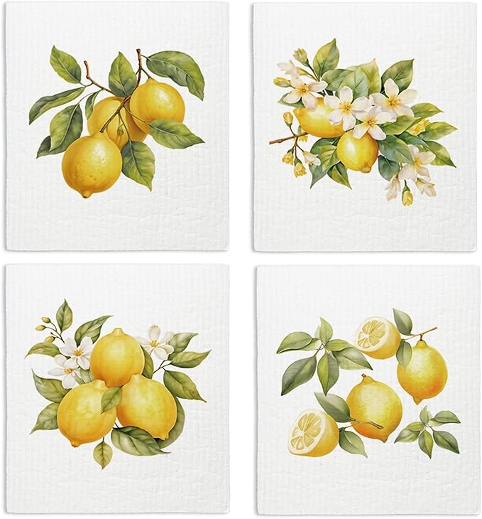 Swedish Dishcloths for Kitchen, Papaya Reusable Paper Towels Washable, Summer Lemon Swedish DishCloths for Friut, 4 Pack Dish Towels for Kitchen, No Odor Cleaning Cloths