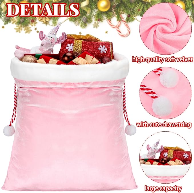 Shappy 2 Pieces Christmas Velvet Santa Bags with Drawstring in 2 Size Large Christmas Bags Santa Gift Sack for Xmas Playing Present Toy(Pink)