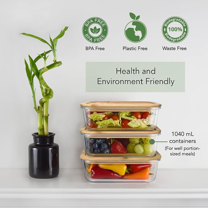 Glass Meal Prep Containers with Bamboo Lids (3 Pack) - 100% Plastic Free, Eco-Friendly Lunch Containers, Bamboo Lid Storage Container Set - Microwave Safe Glass Food Storage Container Set