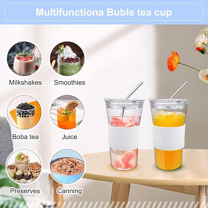 2 pcs Iced Coffee Cups with Lids, 16 oz Glass Cups with Lids and Straws, Reusable Tumbler with Silicone Sleeve, Wide Mouth Can Shaped Drinking Glasses for Coffee Juice Water Smoothie (White)