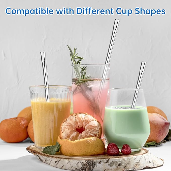 NiHome 8-Pack Anti-Wrinkle Flat Tip Stainless Steel Straws with 2 Brushes & Portable Storage Bag, 4 Lengths for 14oz 20oz 30oz 40oz Tumblers, Dishwasher Safe Lip-Friendly Reusable Drinking Straws