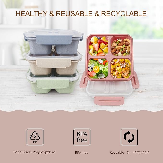 greenandlife 4 Pack Bento Lunch Box Set for Kids Adults, 4 Compartment Reusable Wheat Straw Meal Prep Food Storage Snack Containers, Stackable Snack box, Microwave and Dishwasher Safe, INS
