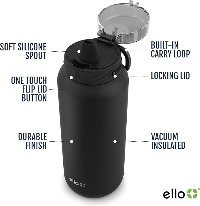 Ello Cooper 22oz Stainless Steel Water Bottle with Straw and Carry Handle, Double Walled and Vacuum Insulated Metal, Leak Proof Locking Lid with Soft Silicone Spout, Reusable, BPA Free, Black