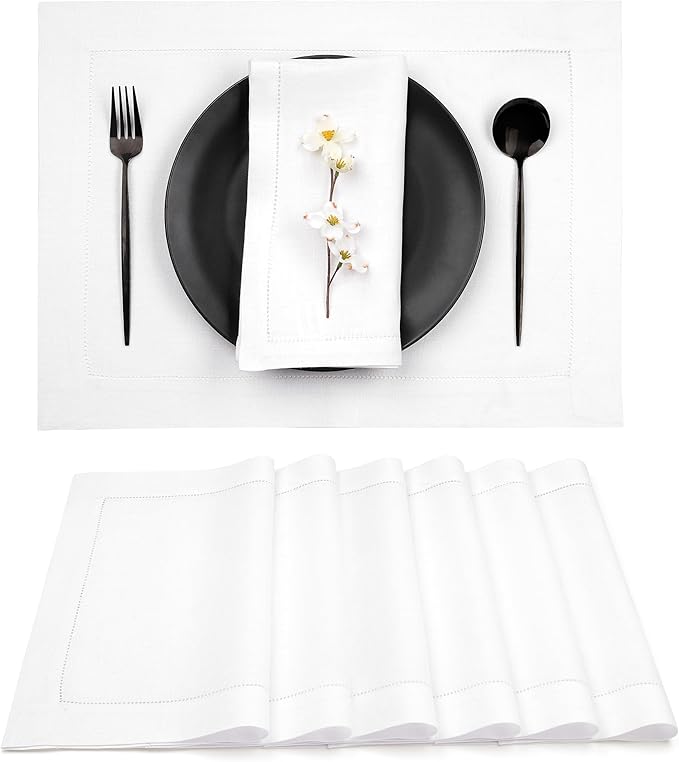 D'Moksha Homes White Linen Placemats Set of 6 - Classic Hemstitch Placemats 14 x 19 Inch - 100% Pure Linen Table Mats for Winter, Christmas, Holiday - Handcrafted and Machine Washable