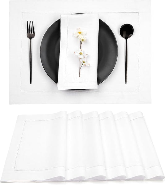 D'Moksha Homes White Linen Placemats Set of 6 - Classic Hemstitch Placemats 14 x 19 Inch - 100% Pure Linen Table Mats for Winter, Christmas, Holiday - Handcrafted and Machine Washable