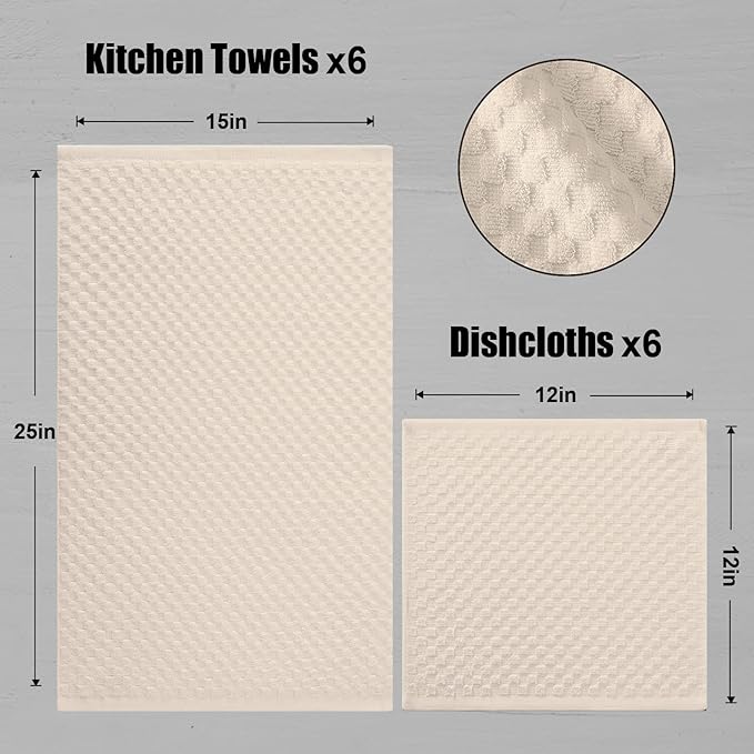 Fintale 100% Cotton Kitchen Towels and Dishcloths Set, 12 x 12 & 15 x 25 Inches, Set of 12 Bulk Super Soft and Absorbent Terry Cloth Dish Towels, Quick Drying Hand Towels with Hanging Loop, Beige