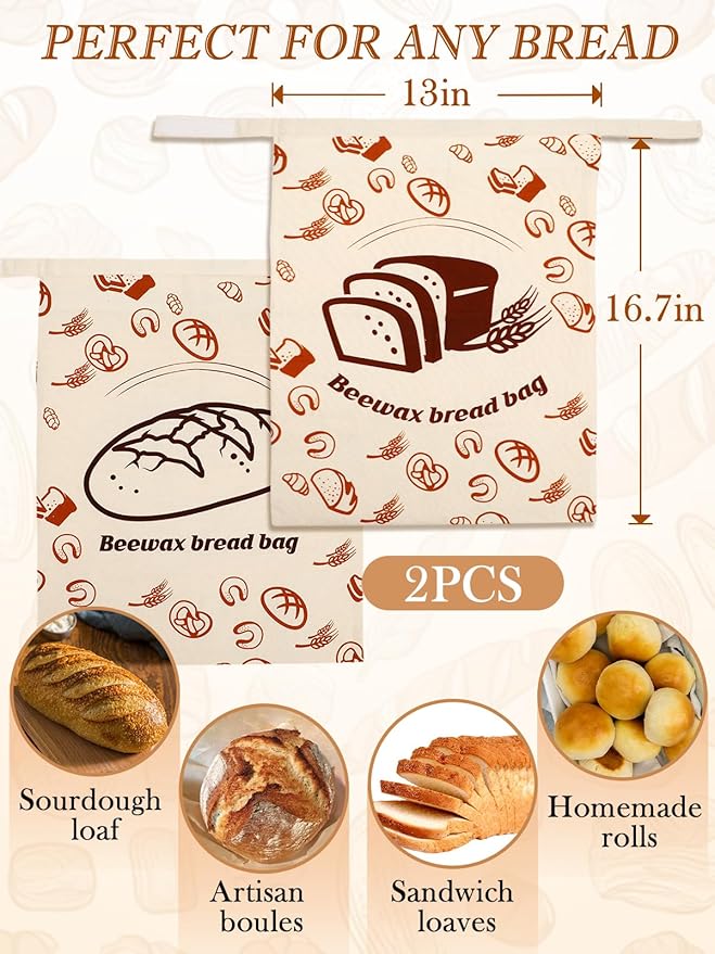 ANPHSIN 2 pcs Natural Beeswax Bread Bags with Sealing Zipper - 13''x16.7'' Reusable Sourdough Storage Wraps for Homemade Bread, Keeping Food Fresh, Gifts for People Who Love Baking, 2 Patterns