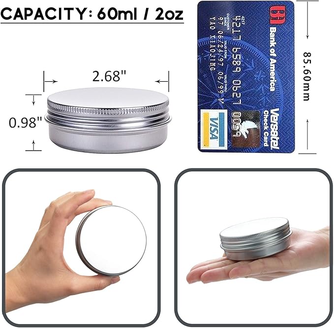 2 oz/60ml 24 Pack Aluminum Balm Tins For Pill Storage, Jar Containers with Screw Thread Lid for Lip Balm, Cosmetic, Candles, Aluminum Tin Cans Containersor for Salve and Spices