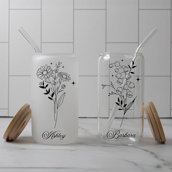 Personalized 16oz Glass Coffee Cup with Bamboo Lid & Reusable Straw – Custom Name Clear or Frosted Glass Tumbler, Spill-Proof Iced Coffee Cup, Gifts for Women & Men