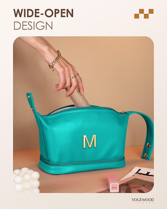 College Women Gift Ideas, Personalized Makeup Bag with Handle, Initial Double Layer Cosmetic Bag with Makeup Brush Organizer, Cute Cosmetic Pouch for Women, Gifts Ideas for Co Workers