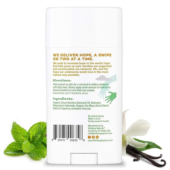 Stinkbug Naturals Organic Aluminum Free Deodorant Stick with Vanilla Mint, Coconut Oil and Activated Charcoal, Paraben Free, Sensitive Skin Deodorant, 2.1 Ounces Pack of 1