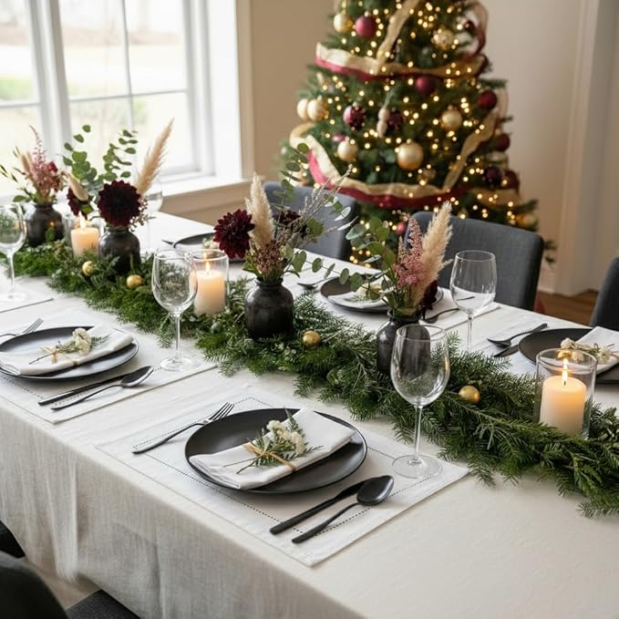 D'Moksha Homes White Linen Placemats Set of 4 - Classic Hemstitch Placemats 14 x 19 Inch - 100% Pure Linen Table Mats for Winter, Christmas, Holiday - Handcrafted and Machine Washable