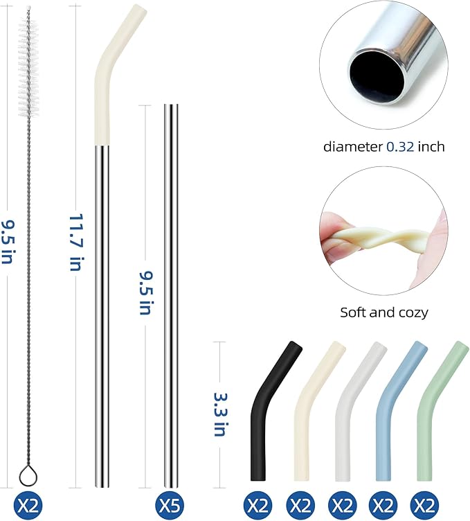 Set of 5 Stainless Steel Straws for 30 Oz Tumbler,For Stanley 30 Oz Tumbler, Reusable Metal Straw with 10 Silicone Tips and 2 Straw Cleaning Brush （5 colours 1, 30oz）