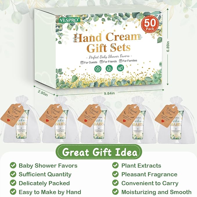 VESPRO 50 Sets Baby Shower Hand Cream Bulk Gifts, Bridal Party Gifts and Wedding Favors for Guests with Thank You Card and Organza Gift Bags, Small Gifts for Women