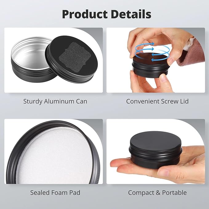 Lnrueg 100PCS Metal Round Tins, 2 oz Black Aluminum Tin Cans Containers with Screw Lid for Lotion Bars, Balms, Salve, Spices or Beard Balm, DIY Candle Making Jar