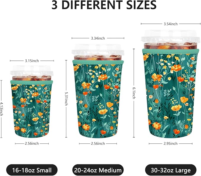 3 Pack Iced Coffee Sleeve, Reusable Insulated Neoprene Cup Sleeve for Cold & Hot Drinks Beverages, Cup Holder for 16-32oz Coffee Cups, Green Flowers