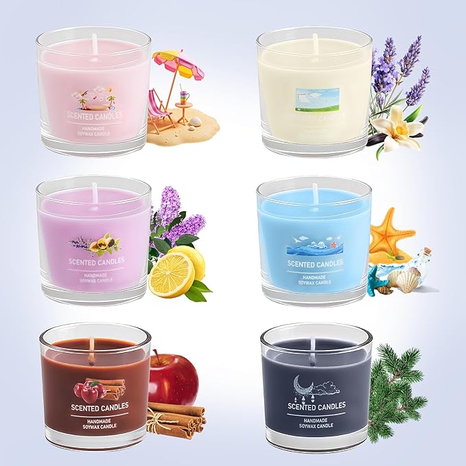 Scented Soy Candle Gift Set, 100% Natural Soy Wax, Eco-Friendly, Hand-Poured, Relaxing Scented Candles for Home, Spa, Gifts(Pink + Purple + White + Orange + Blue + Black, 14 oz)