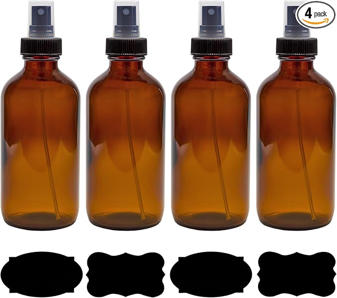 Cornucopia Brands 8-Ounce Amber Glass Fine Mist Spray Bottles (Pack of 4) Boston Round w/Atomizer Spritzers for Aromatherapy Perfume, Cologne, DIY & More