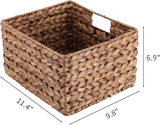 JJSQ Water Hyacinth Woven Storage Basket, Wicker Organizer for Shelves, Pantry, Small Rectangle Decorative Basket, 1-Pack, 11.4" x 9.8" x 6.9"