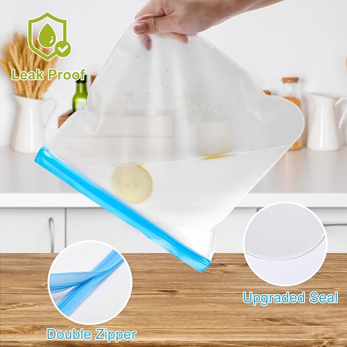 Lerine 18 Pack Reusable Gallon Freezer Bags Dishwasher Safe, BPA Free Reusable freezer Bags 1 Gallon, Leakproof Food Storage Bags for Meal Prep, Fridge Kitchen Organization (Gray, 18Gallon)