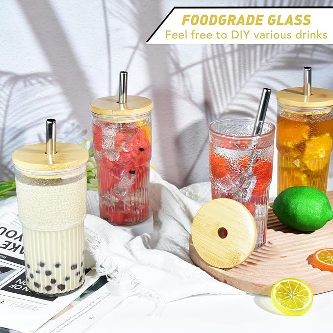 4Pcs 24oz Glass Cups with Lids and Straws, Mason Jar Iced Coffee Cup Wide Mouth Jar Drinking Glasses Set Coffee Mug Smoothie Cup Glass Tumbler Bamboo Lids Metal Straws for Juice and Cocktail Whiskey