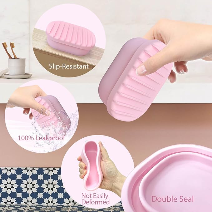 Leakproof Silicone Travel Soap Case with Drainage Layer, Silicone Bar Soap Holder Compact Portable Shatterproof Soap Container Box for Bathroom Gym Camp Travel Toiletries (Pink, Drainage Lid)