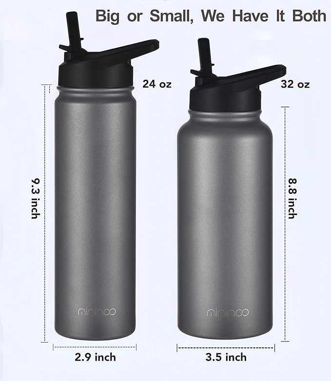 mininoo 24 oz Insulated Water Bottle with Straw Lid, Stainless Steel Double Wall Vacuum, Leak Proof, BPA Free, Keep Cold for 24H & Hot for 12H(Grey)