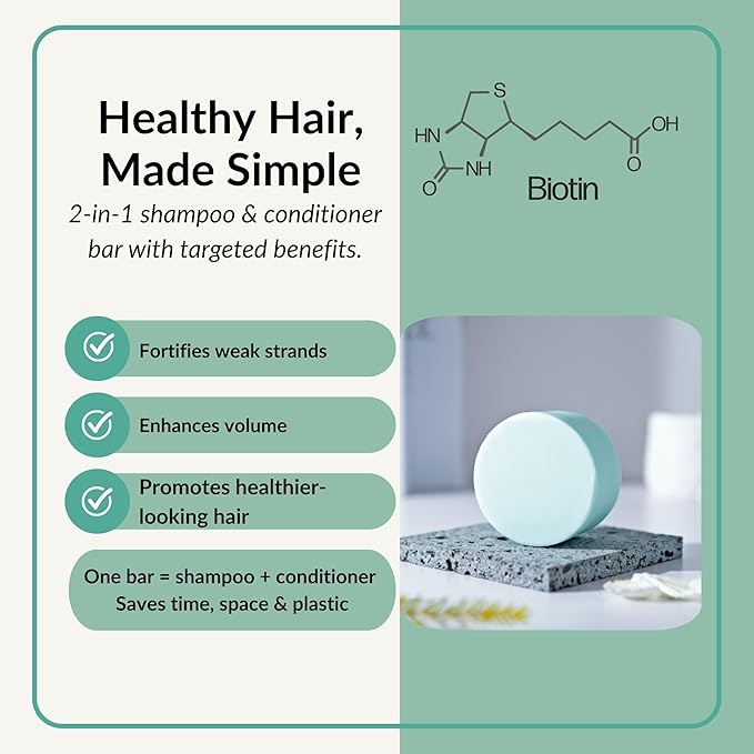 Biotin 2-in-1 Shampoo and Conditioner Bar, Repairing & Volumizing, Fortifies Weak Strands, Sulfate-Free, Vegan, 1 Bar (100 g)