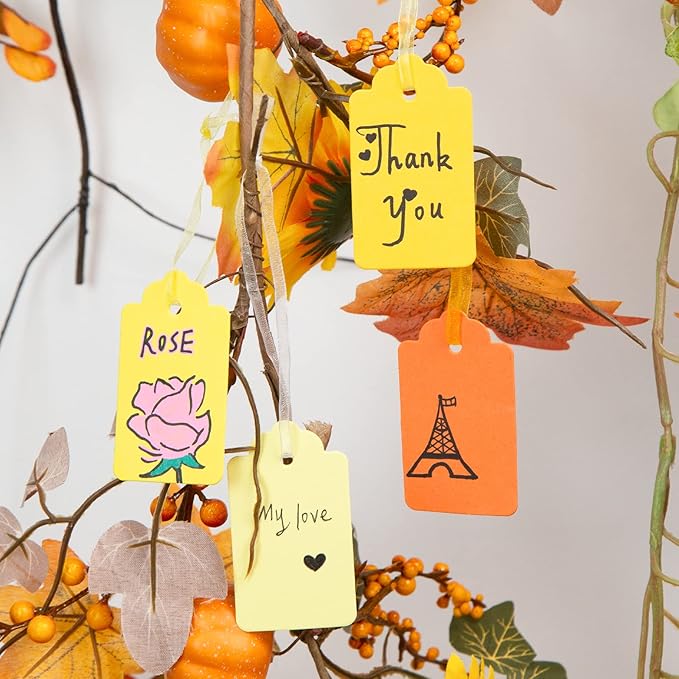 SallyFashion 100PCS Gift Tags, Yellow Paper Tags Hanging Label with Organza Ribbons for Gift Wrapping Fall Thanksgiving DIY Crafts Decoration