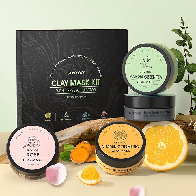 SHVYOG 4 Pcs Clay Facial Mask Set - Turmeric, Vitamin C, Green Tea, Dead Sea Mud, and Rose Clay Skin Care Mask for Deep Cleansing, Moisturizing, and Refining Pores - 240g