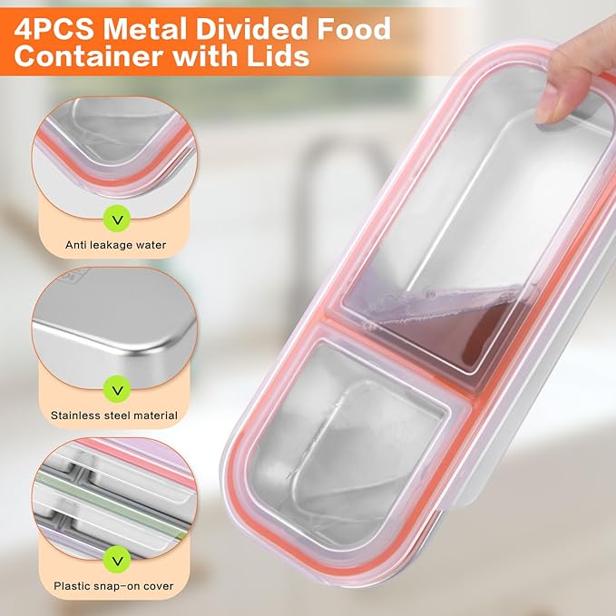 4 Pack Stainless Steel Bento Box with Lids, 304-Grade, 2-Compartments Food Storage Containers, Reusable Snap-on Lid Snack Containers Set, Meal Prep Lunch Box with Covers (24 oz / 700ml)