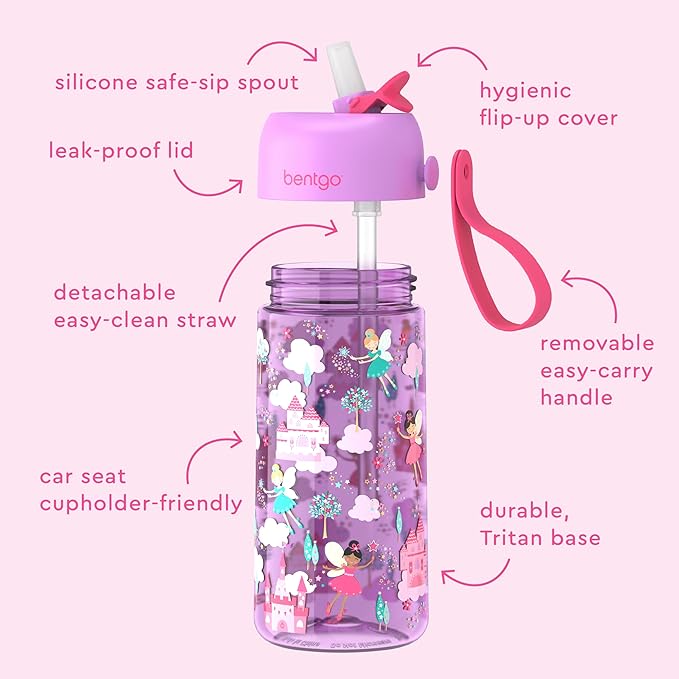 Bentgo Kids Water Bottle 2-Pack - Leak-Proof, Durable Tritan, BPA-Free 15 oz Cup for Kids/Toddlers 3+; Flip-Up Straw; Dishwasher Safe for School/Sports/Daycare/Camp (Rainbows & Butterflies/Fairies)